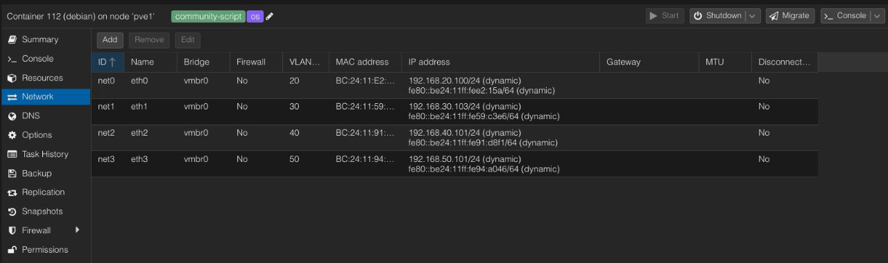 LXC debian Proxmox — 4 interfaces VLAN (20/30/40/50)